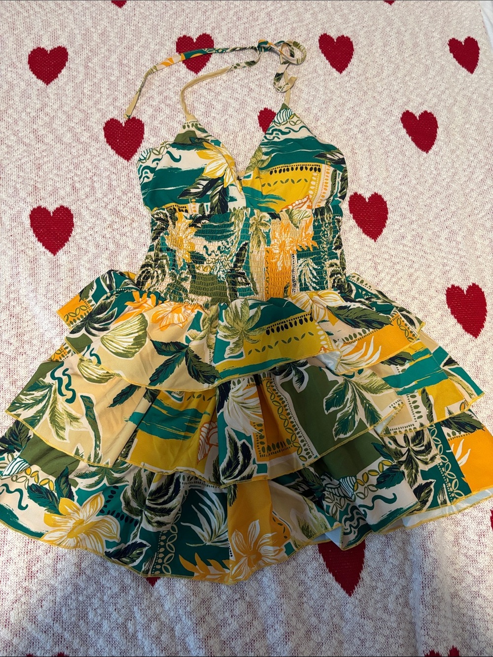 Yellow & Green Floral Tiered Sundress - Sleeveless Halter